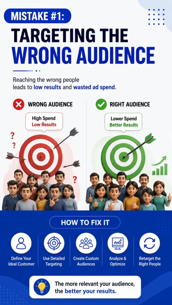 Digital marketing infographic showing the impact of targeting the wrong audience in Meta Ads campaigns and how proper audience targeting improves advertising results.
