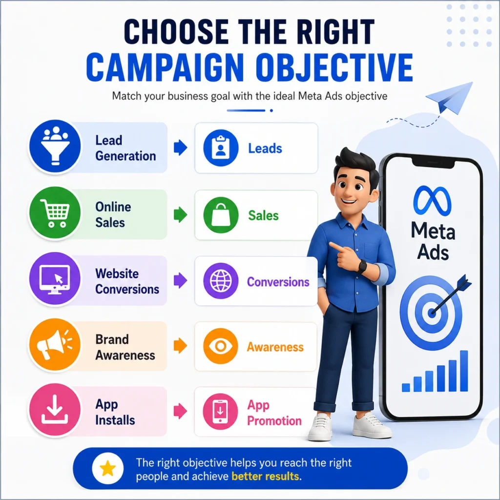 Infographic showing how to match Meta Ads campaign objectives with business goals such as lead generation, sales, conversions, brand awareness, and app promotion.