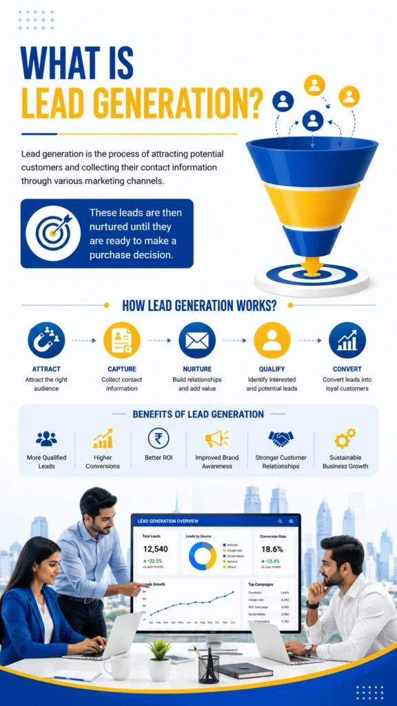 Lead generation process infographic showing customer acquisition funnel, lead nurturing, qualification, and conversion strategies for business growth.