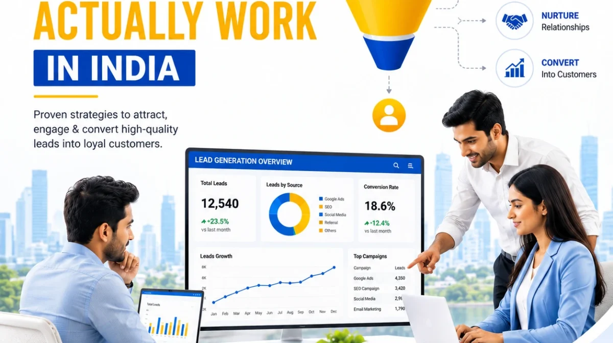 Professional digital marketing team analyzing lead generation data, sales funnel, and business growth strategies in India.