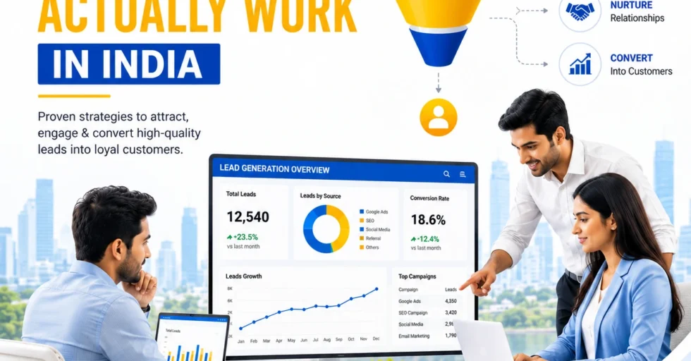 Lead Generation Strategies That Actually Work in India Professional digital marketing team analyzing lead generation data, sales funnel, and business growth strategies in India.