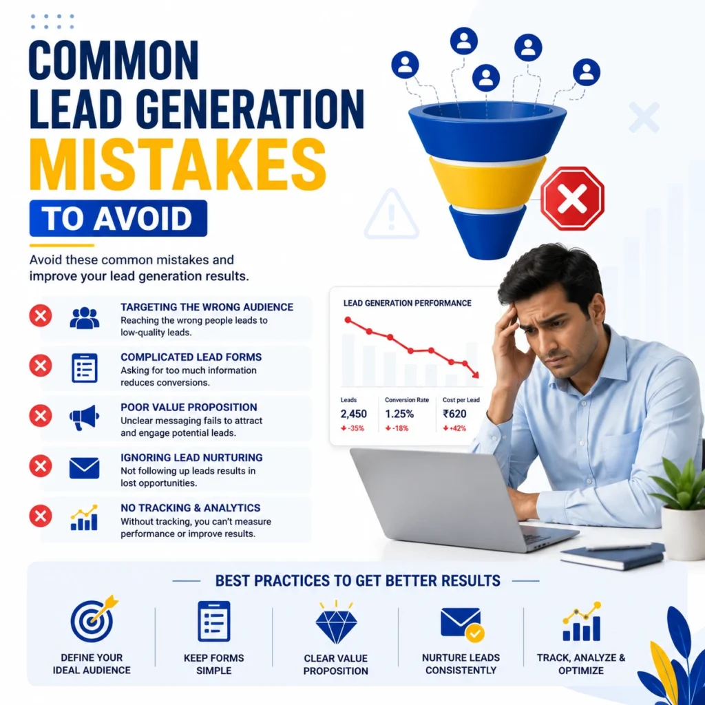 Business professional reviewing lead generation mistakes with marketing funnel, declining performance dashboard, and lead conversion optimization strategies.