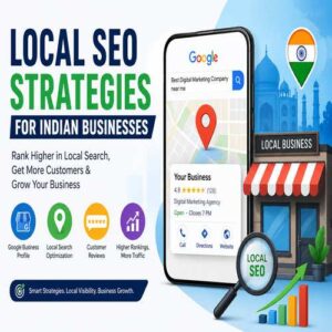 Local SEO illustration showing business location pin, digital map, customer reviews, mobile search optimization, local business storefront, trust badge, and business growth analytics.