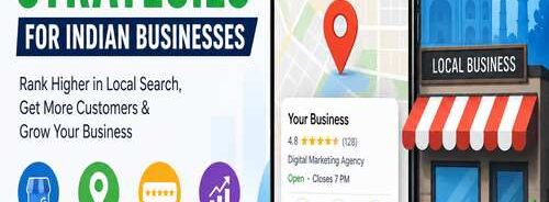 Local SEO illustration showing business location pin, digital map, customer reviews, mobile search optimization, local business storefront, trust badge, and business growth analytics.