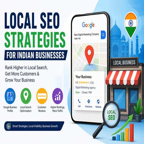 Local SEO illustration showing business location pin, digital map, customer reviews, mobile search optimization, local business storefront, trust badge, and business growth analytics.