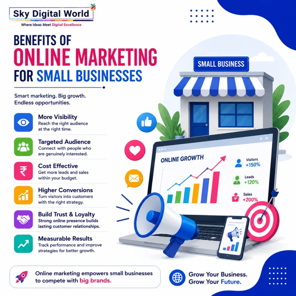 Modern infographic showing the benefits of online marketing for small businesses, including SEO, lead generation, brand awareness, customer engagement, and business growth.