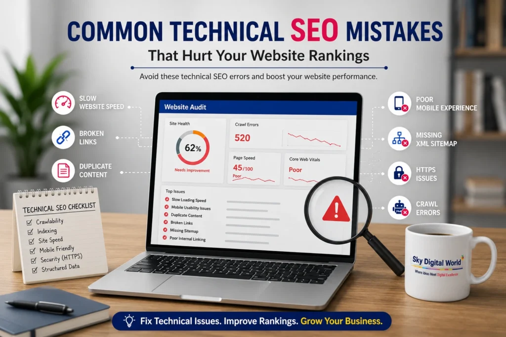 Professional Technical SEO infographic showing common website SEO mistakes including crawl errors, broken links, duplicate content, slow website speed, Core Web Vitals, and indexing issues.