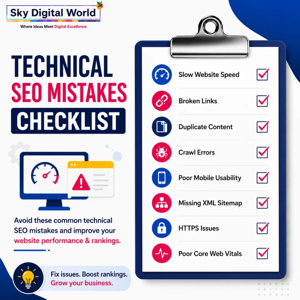 Simple technical SEO checklist infographic showing common SEO mistakes such as slow website speed, broken links, duplicate content, crawl errors, mobile usability issues, and HTTPS problems.