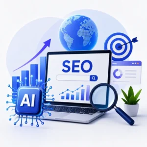 AI SEO illustration showing artificial intelligence, laptop with SEO dashboard, analytics, search optimization, and business growth for AI SEO Services India.