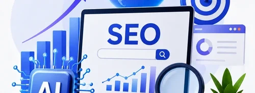 AI SEO illustration showing artificial intelligence, laptop with SEO dashboard, analytics, search optimization, and business growth for AI SEO Services India.