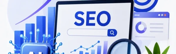 AI SEO illustration showing artificial intelligence, laptop with SEO dashboard, analytics, search optimization, and business growth for AI SEO Services India.