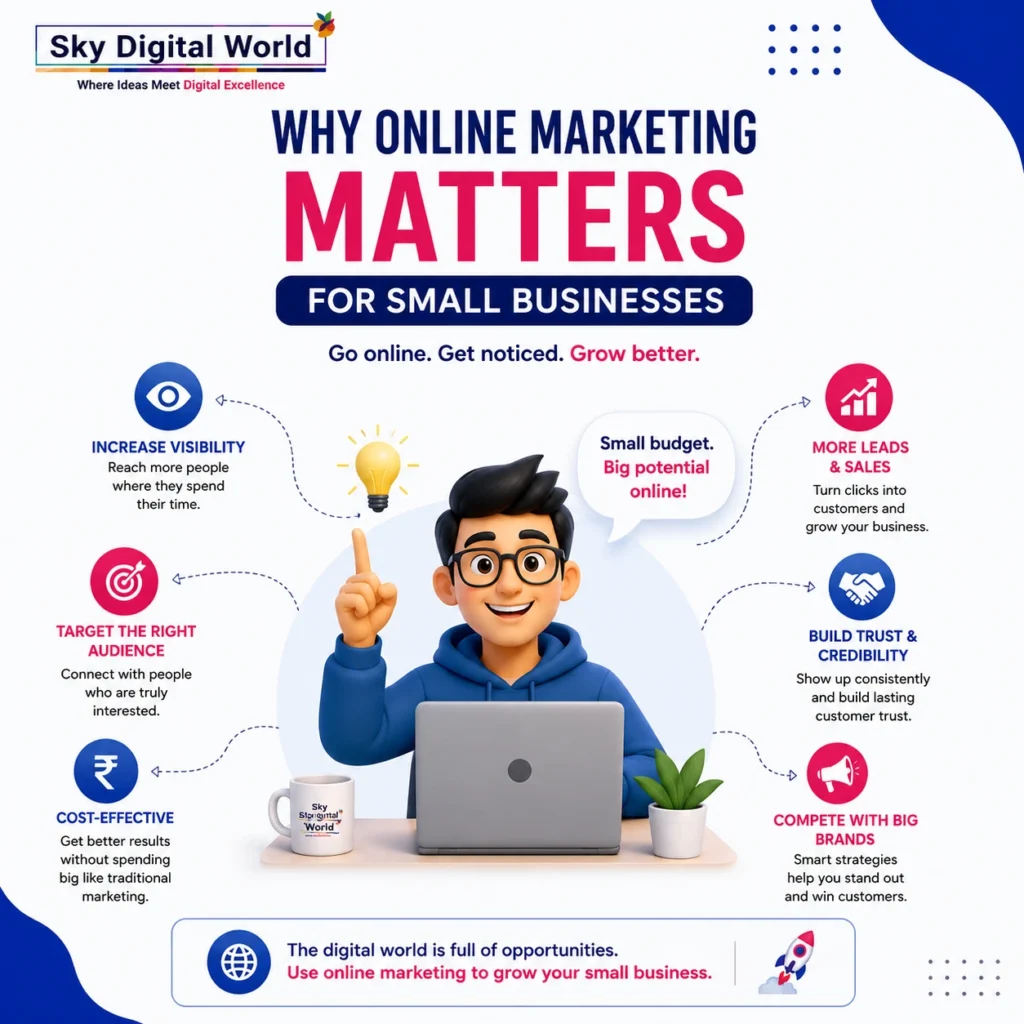 Modern infographic showing why online marketing matters for small businesses with digital marketing benefits, business growth, and customer engagement.