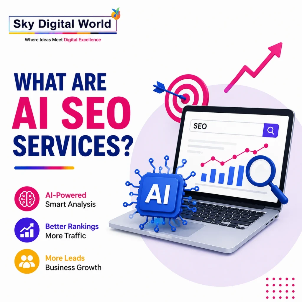 AI SEO Services illustration featuring an AI processor, SEO dashboard, laptop, analytics, search optimization, and business growth concepts.