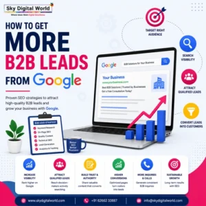 Professional illustration showing Google search optimization, B2B lead generation strategy, SEO growth chart, and business lead generation concepts.