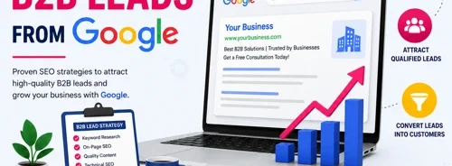 Professional illustration showing Google search optimization, B2B lead generation strategy, SEO growth chart, and business lead generation concepts.