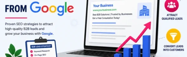 Professional illustration showing Google search optimization, B2B lead generation strategy, SEO growth chart, and business lead generation concepts.