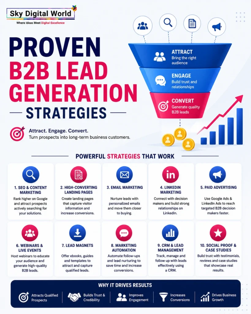 Professional infographic illustrating proven B2B lead generation strategies including SEO, content marketing, email marketing, LinkedIn marketing, CRM, marketing automation, and sales funnel optimization.