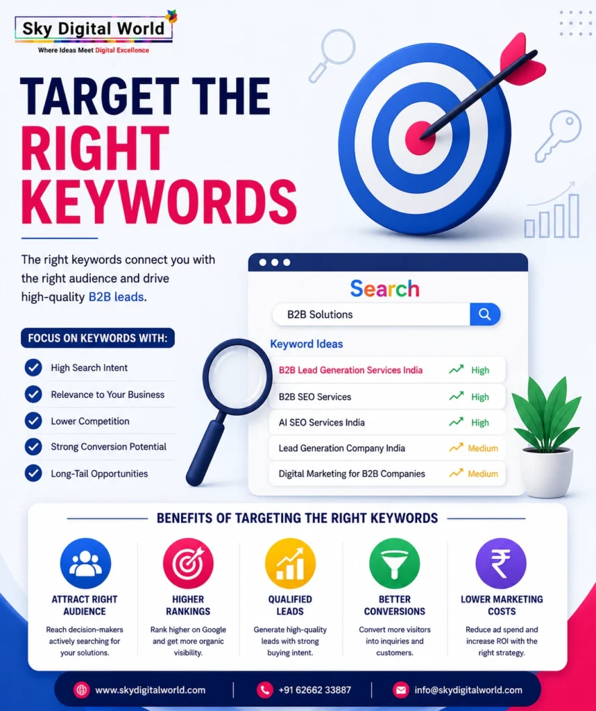 Professional SEO infographic showing keyword research, search intent, Google search optimization, B2B keyword strategy, and business growth.
