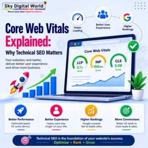 Professional infographic explaining Core Web Vitals (LCP, INP, CLS) and their importance in Technical SEO, website speed, user experience, and Google rankings.