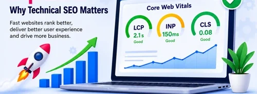 Professional infographic explaining Core Web Vitals (LCP, INP, CLS) and their importance in Technical SEO, website speed, user experience, and Google rankings.