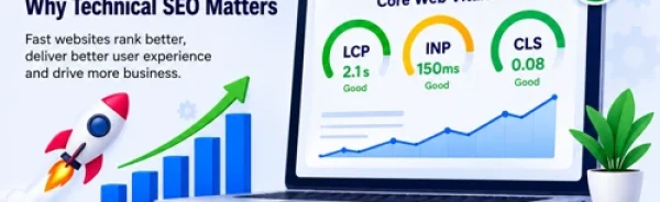 Professional infographic explaining Core Web Vitals (LCP, INP, CLS) and their importance in Technical SEO, website speed, user experience, and Google rankings.