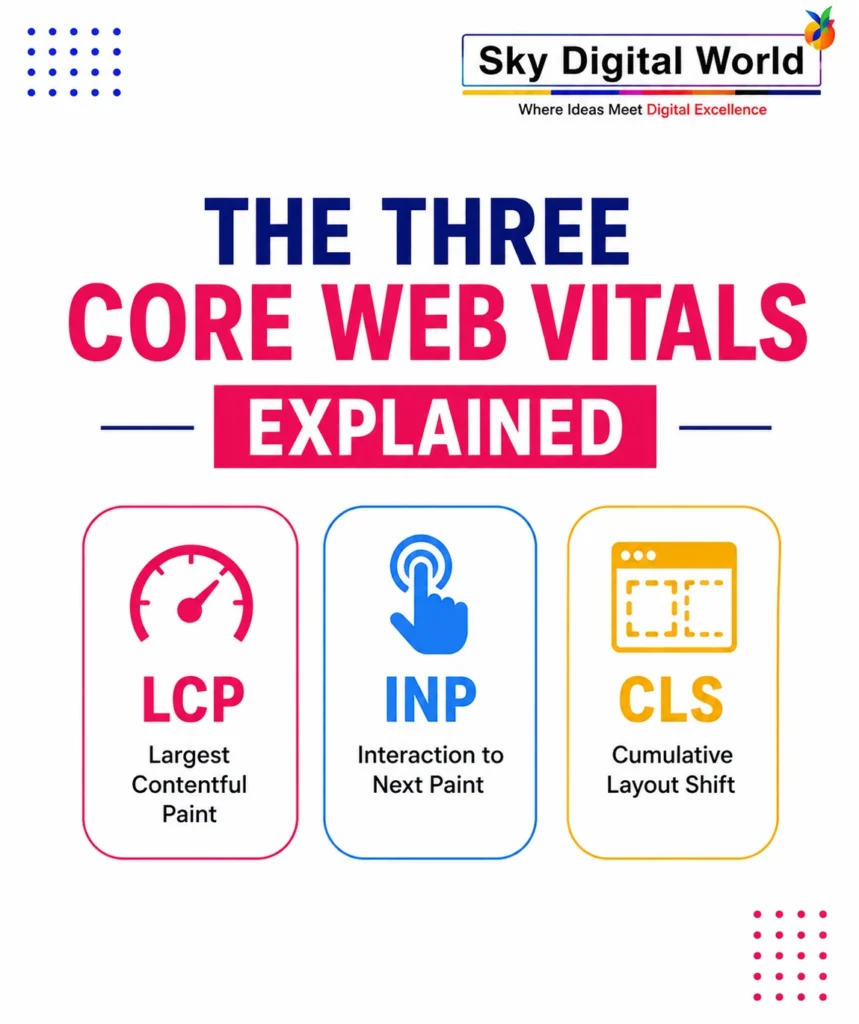 Simple infographic explaining the three Core Web Vitals: Largest Contentful Paint (LCP), Interaction to Next Paint (INP), and Cumulative Layout Shift (CLS).