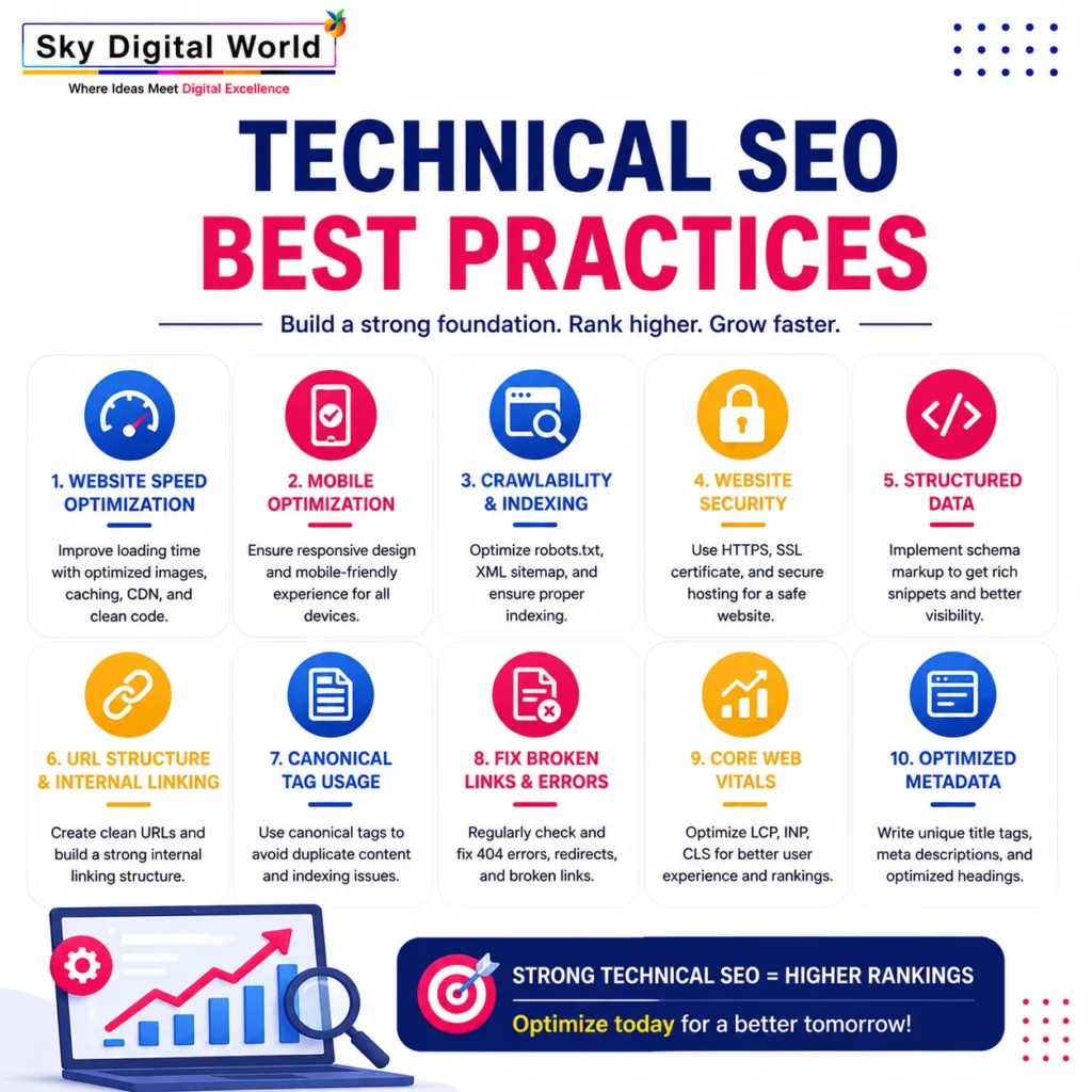 Professional infographic illustrating Technical SEO best practices including website speed, mobile optimization, crawlability, indexing, Core Web Vitals, structured data, HTTPS, and metadata optimization.