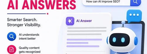 Minimal AI SEO illustration showing an AI assistant, AI-generated search answer, search optimization, and modern digital marketing concepts.