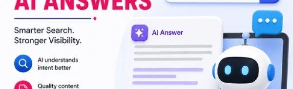 Minimal AI SEO illustration showing an AI assistant, AI-generated search answer, search optimization, and modern digital marketing concepts.