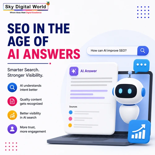 Minimal AI SEO illustration showing an AI assistant, AI-generated search answer, search optimization, and modern digital marketing concepts.