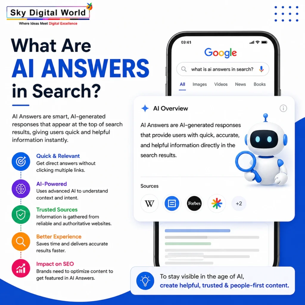 Illustration showing AI-generated search answers with a virtual AI assistant, Google search interface, and AI Overview concept for modern SEO.