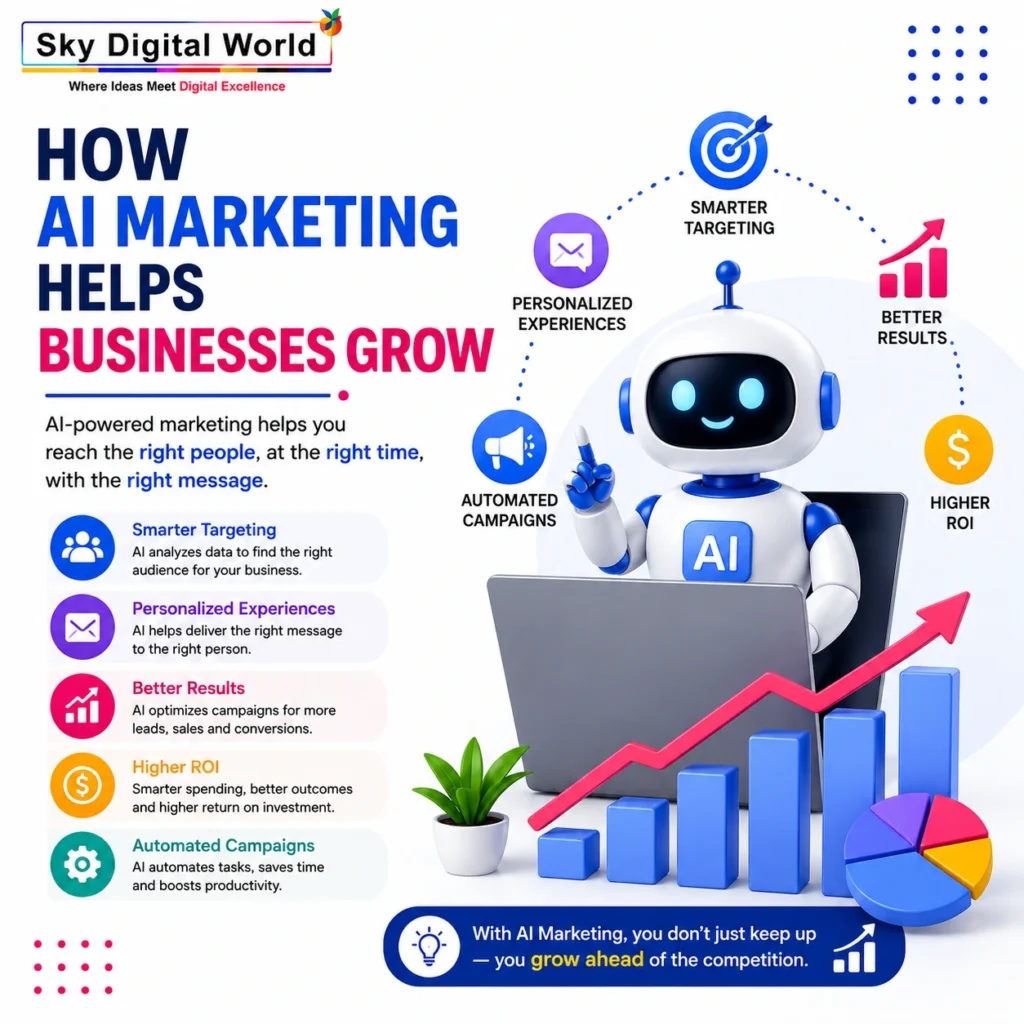 Professional illustration showing AI marketing automation, business growth analytics, personalized marketing, and AI-powered digital marketing strategies.