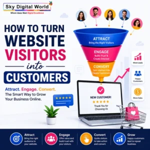Professional illustration showing a website conversion funnel that transforms website visitors into paying customers through effective digital marketing and website optimization.