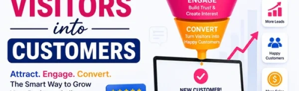 Professional illustration showing a website conversion funnel that transforms website visitors into paying customers through effective digital marketing and website optimization.