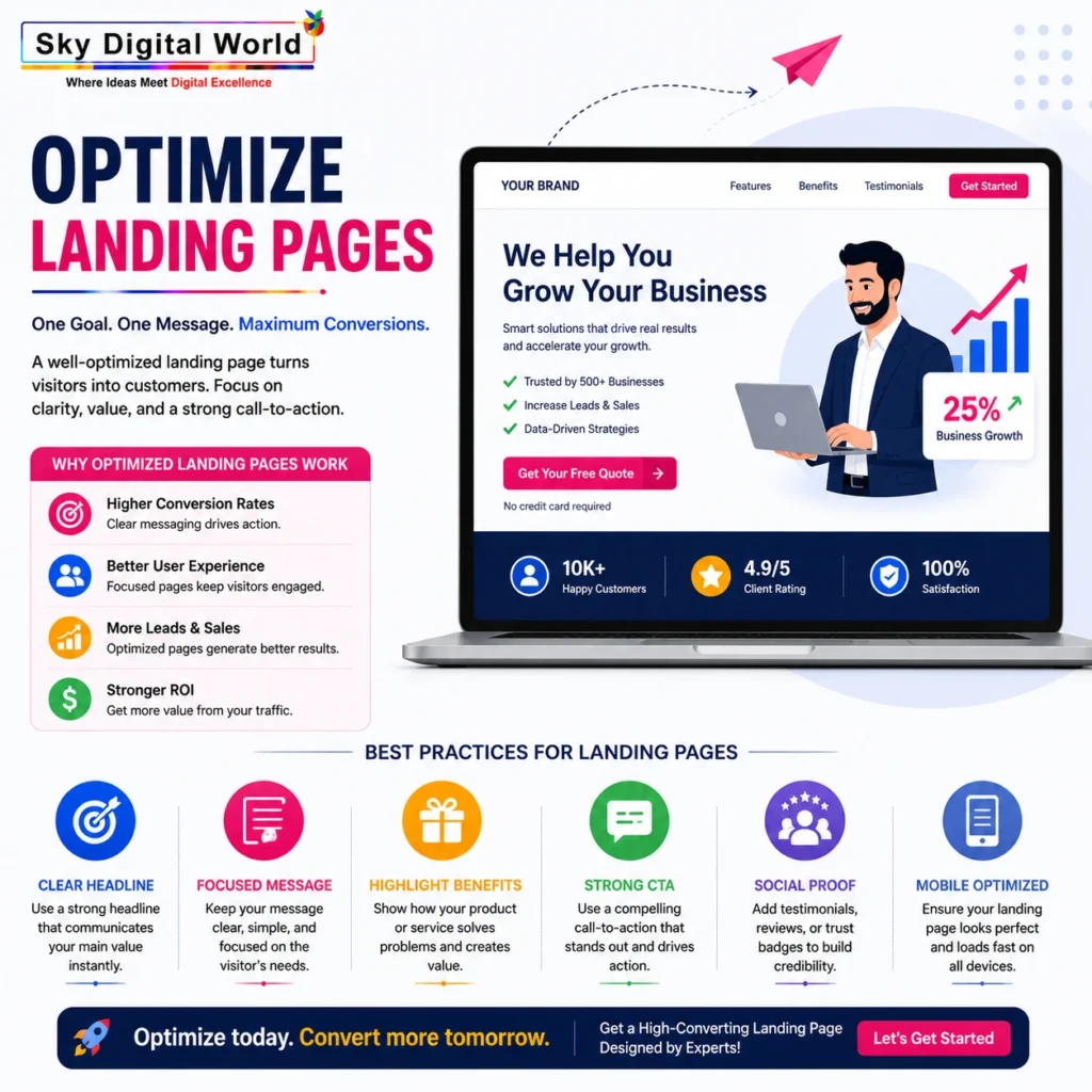 Professional landing page optimization infographic showing clear headlines, focused messaging, benefits, strong CTA, social proof, mobile optimization, and increased conversions.