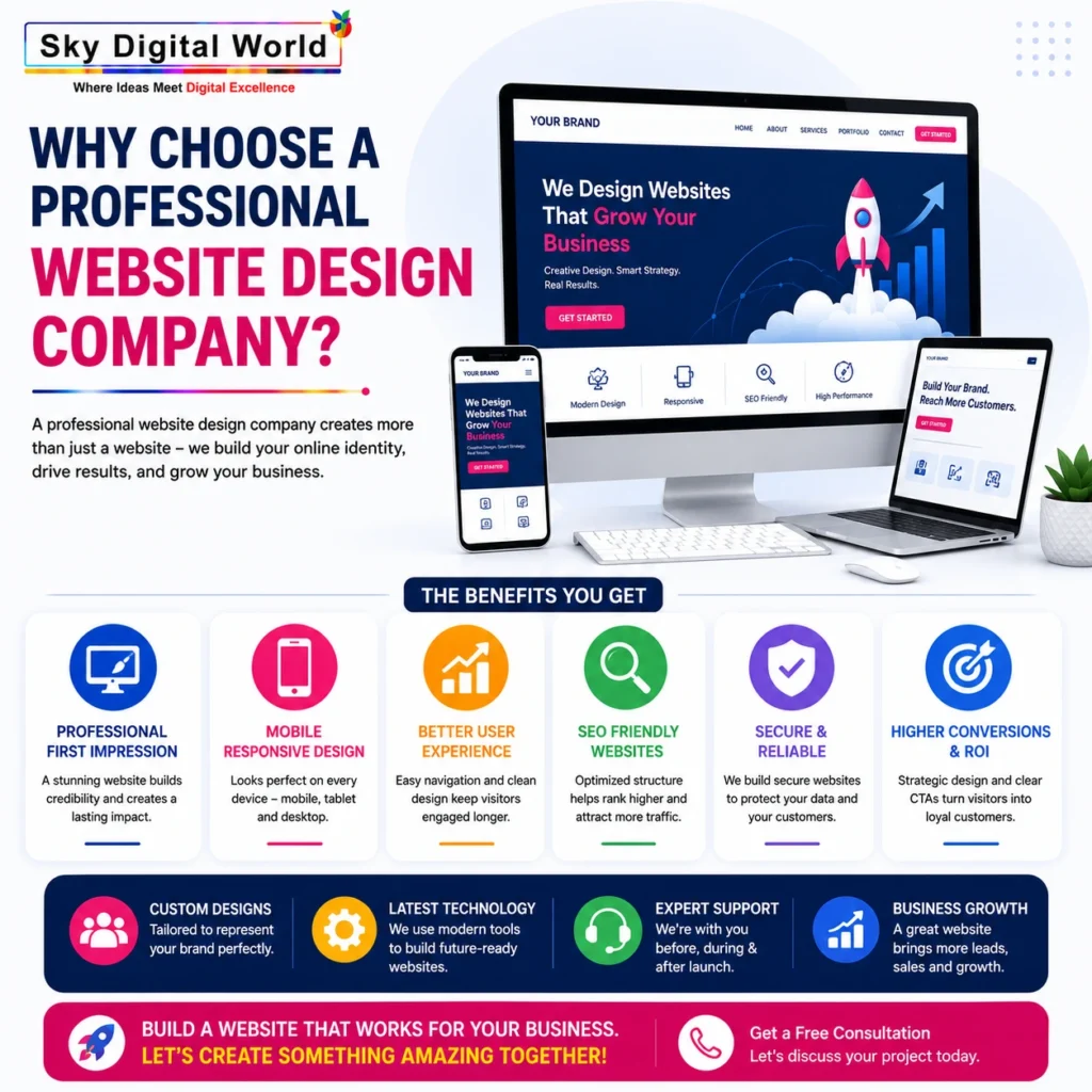 Professional illustration showing responsive website design across desktop, laptop, and mobile devices with SEO optimization, user experience, and business growth elements.