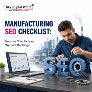 SEO specialist optimizing a manufacturing company's website using a laptop with factory background to improve search rankings and online visibility.