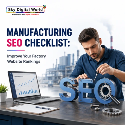 Manufacturing SEO Checklist: Improve Your Factory Website Rankings SEO specialist optimizing a manufacturing company's website using a laptop with factory background to improve search rankings and online visibility.