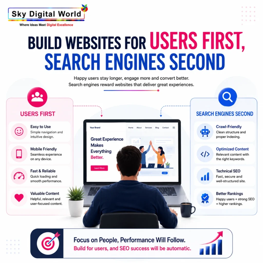 Professional illustration showing user-first website design principles with responsive website experience, SEO optimization, and search engine friendly website structure.