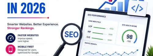 Technical SEO infographic showing Core Web Vitals, website health score, AI-driven optimization, mobile-first indexing, and SEO performance dashboard for 2026.