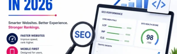 Technical SEO infographic showing Core Web Vitals, website health score, AI-driven optimization, mobile-first indexing, and SEO performance dashboard for 2026.