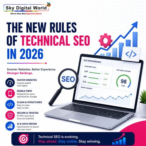 Technical SEO infographic showing Core Web Vitals, website health score, AI-driven optimization, mobile-first indexing, and SEO performance dashboard for 2026.