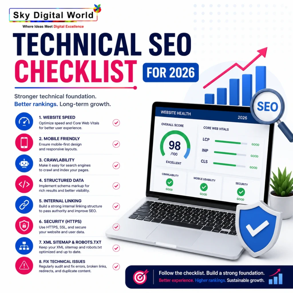 Technical SEO checklist infographic showing website speed, Core Web Vitals, mobile optimization, crawlability, structured data, HTTPS security, XML sitemap, and SEO health dashboard for 2026.