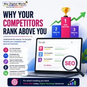 SEO competitor analysis illustration showing competing websites ranking above another business in Google search results due to stronger content, backlinks, technical SEO, and user experience.