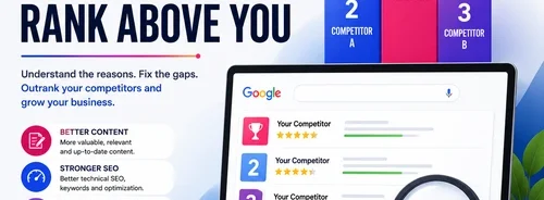 SEO competitor analysis illustration showing competing websites ranking above another business in Google search results due to stronger content, backlinks, technical SEO, and user experience.