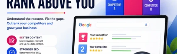 SEO competitor analysis illustration showing competing websites ranking above another business in Google search results due to stronger content, backlinks, technical SEO, and user experience.