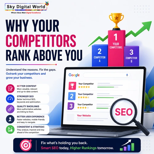 SEO competitor analysis illustration showing competing websites ranking above another business in Google search results due to stronger content, backlinks, technical SEO, and user experience.