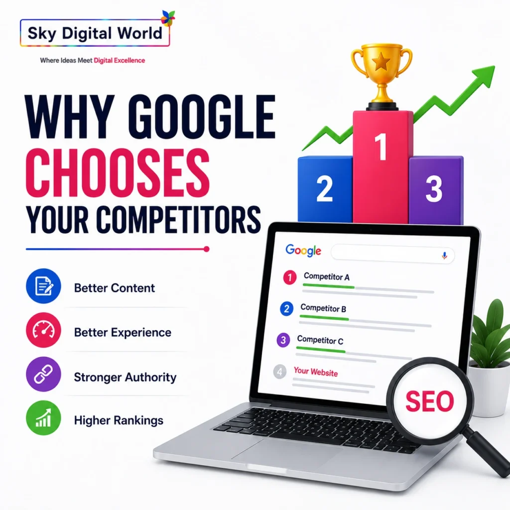 Professional SEO illustration showing Google search rankings, competitor analysis, laptop, SEO magnifying glass, and ranking podium explaining why competitors rank higher in search results.