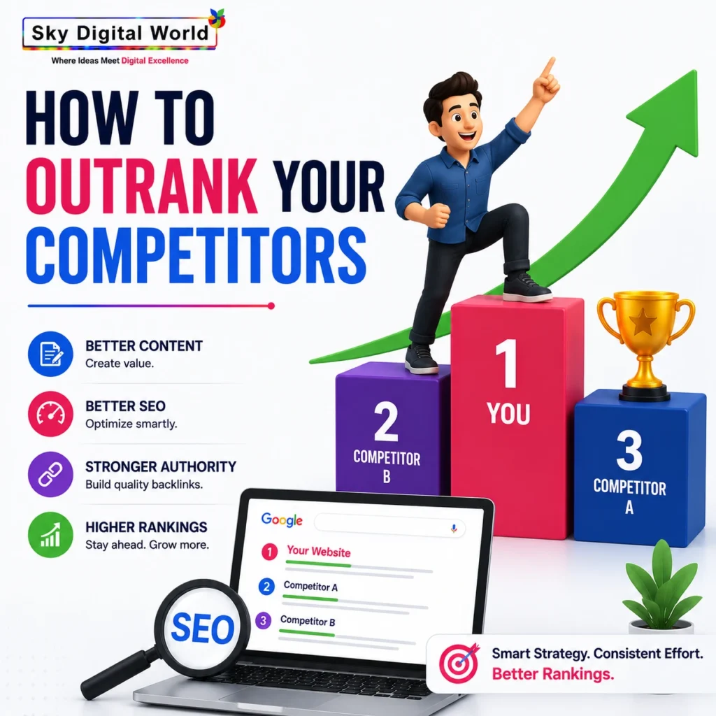 3D business character standing on the number one podium with an upward growth arrow, representing successful SEO strategy and higher Google rankings over competitors.