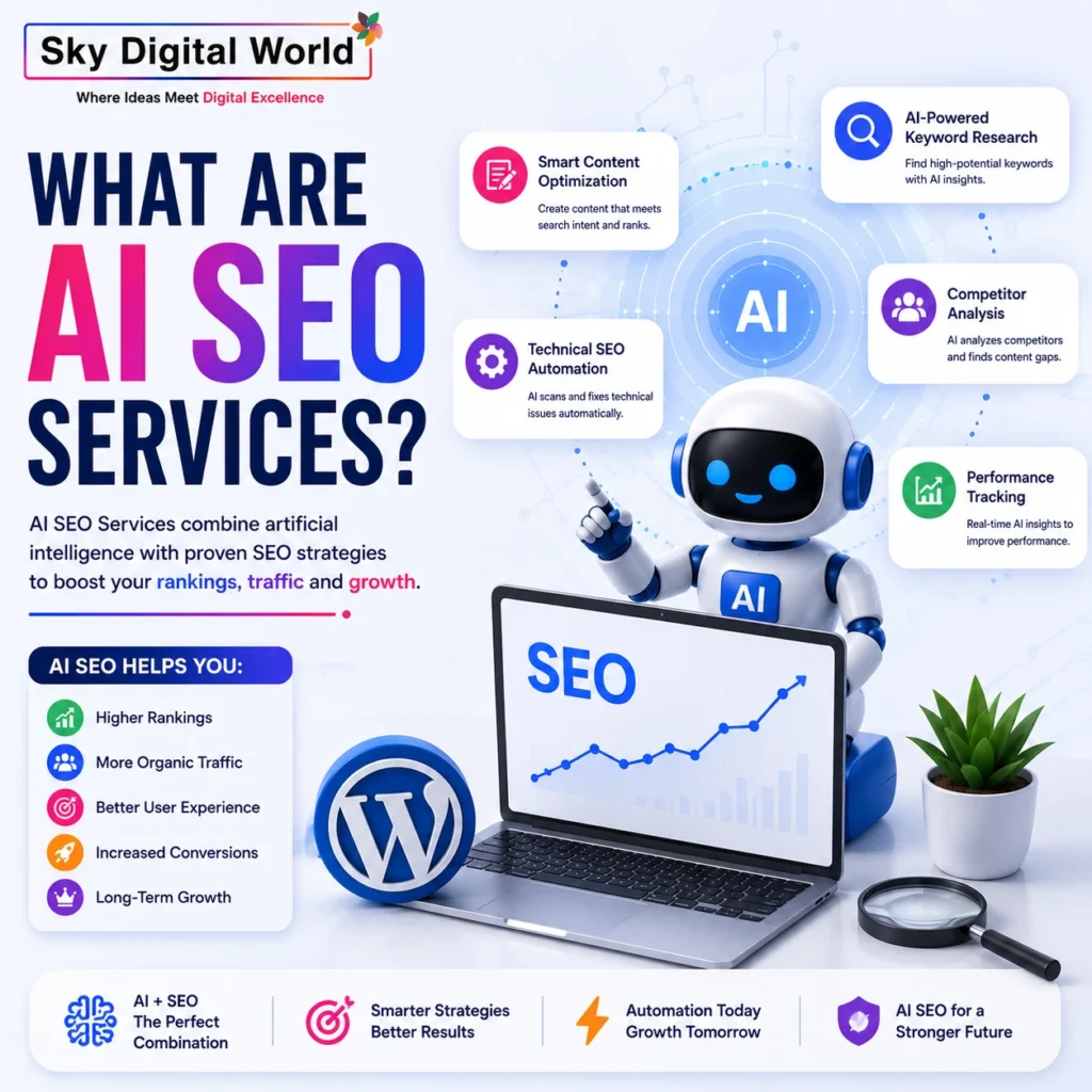 AI SEO services illustration featuring an AI assistant, WordPress website, SEO analytics dashboard, keyword research, technical SEO automation, and performance tracking.